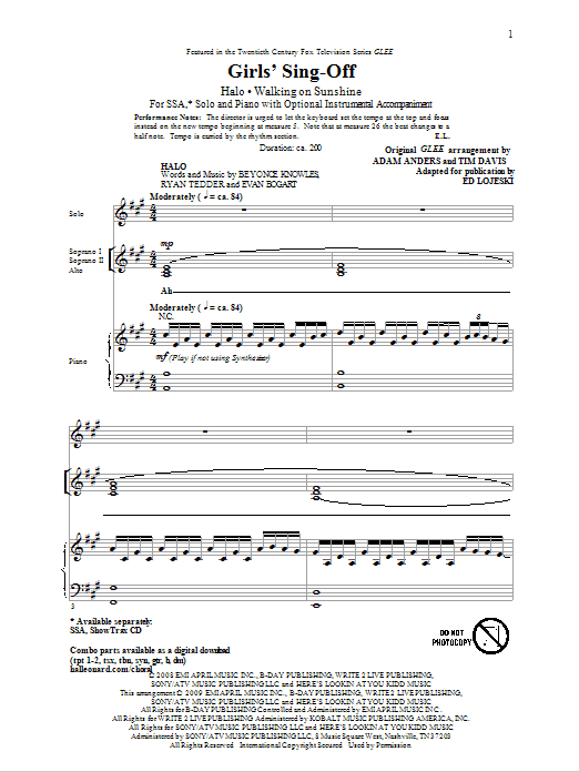 Ed Lojeski Girls' Sing-Off (from Glee) Sheet Music Notes & Chords for SSA - Download or Print PDF