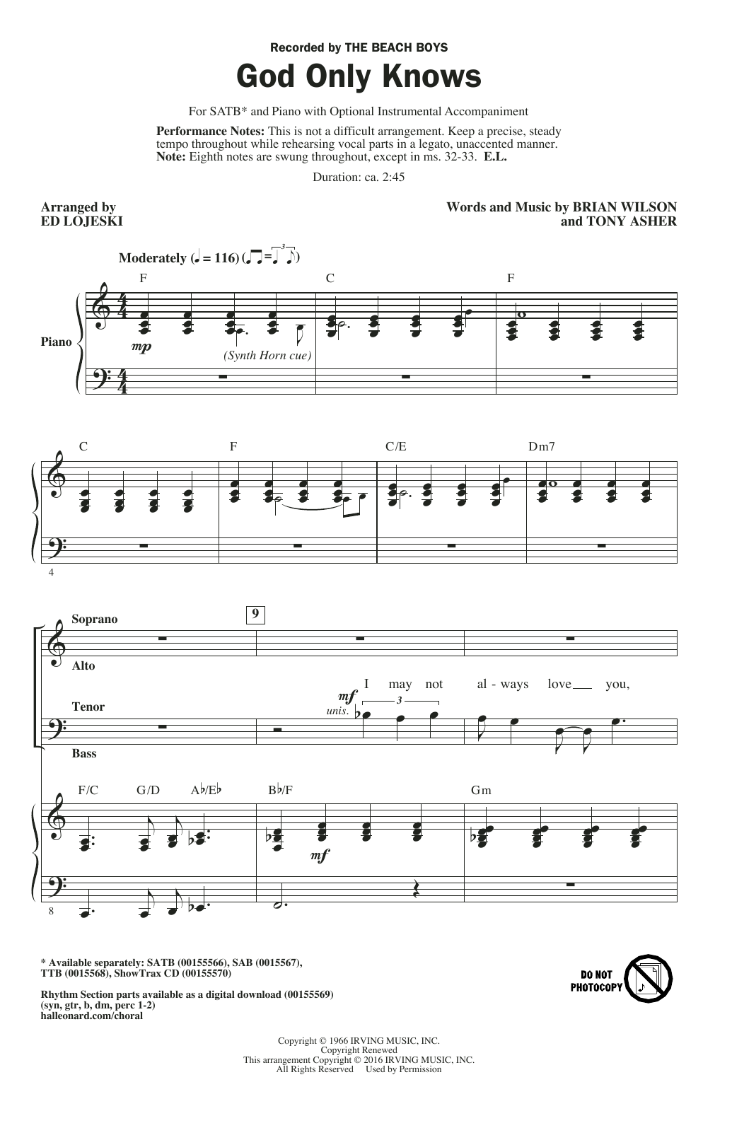 Ed Lojeski God Only Knows Sheet Music Notes & Chords for TTBB - Download or Print PDF