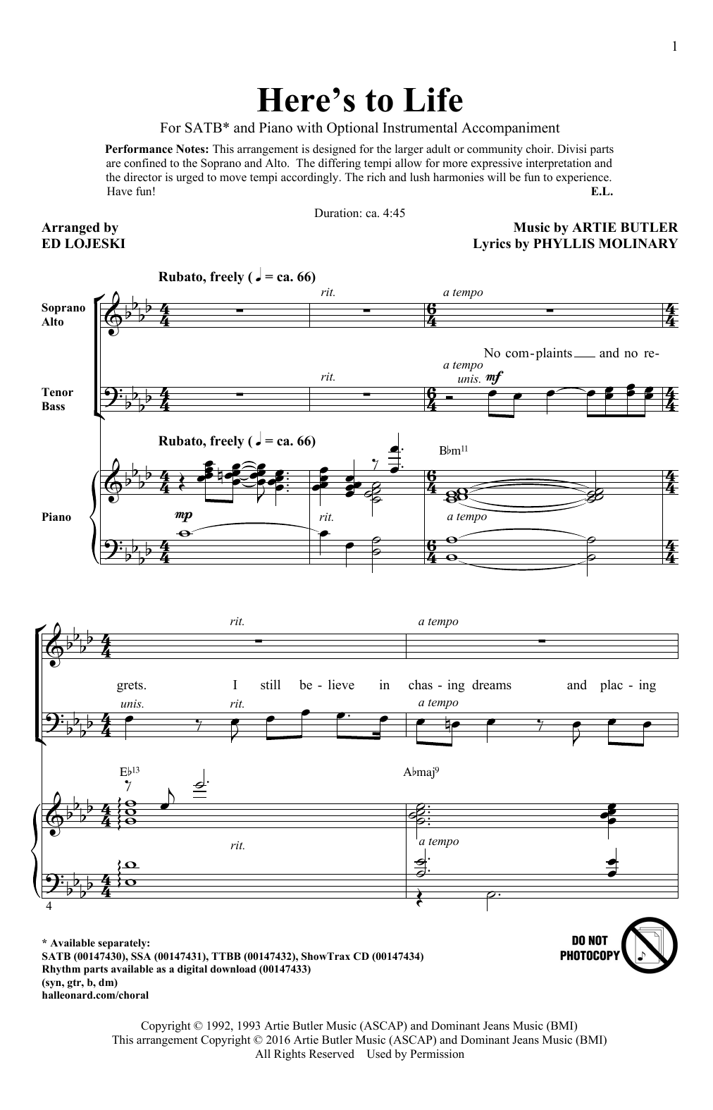 Ed Lojeski Here's To Life Sheet Music Notes & Chords for SATB - Download or Print PDF