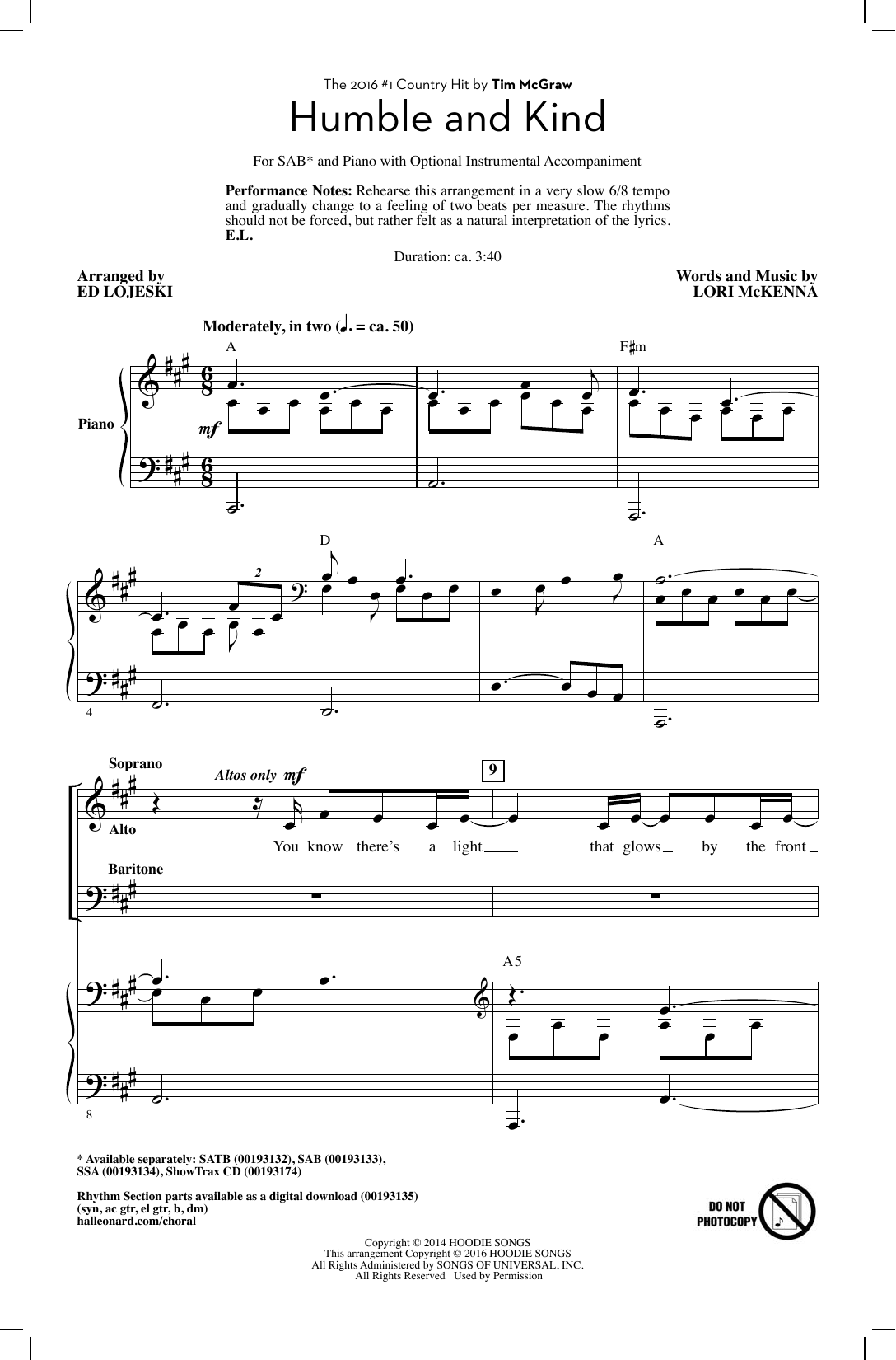 Tim McGraw Humble And Kind (arr. Ed Lojeski) Sheet Music Notes & Chords for SAB - Download or Print PDF