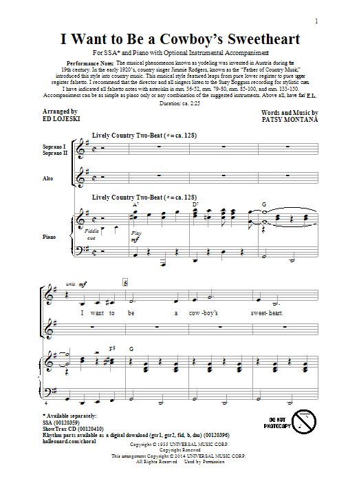 Ed Lojeski I Want To Be A Cowboy's Sweetheart Sheet Music Notes & Chords for SSA - Download or Print PDF
