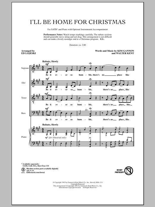 Ed Lojeski I'll Be Home For Christmas Sheet Music Notes & Chords for SAB - Download or Print PDF