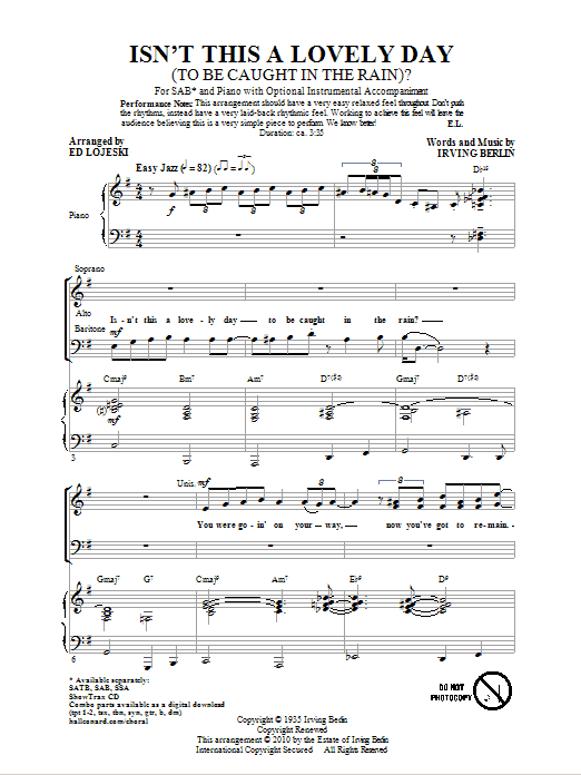 Irving Berlin Isn't This A Lovely Day (To Be Caught In The Rain?) (arr. Ed Lojeski) Sheet Music Notes & Chords for SSA - Download or Print PDF