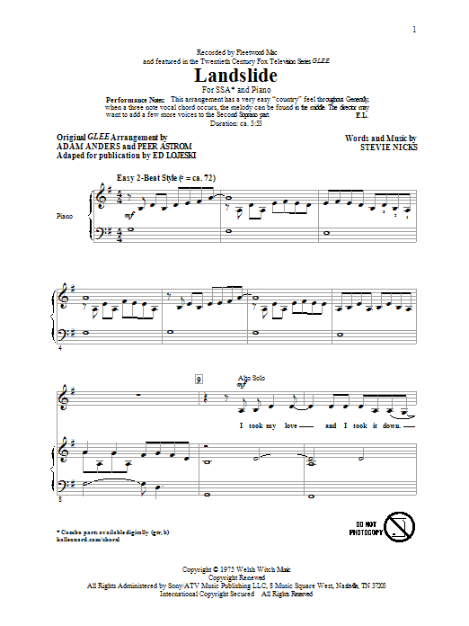Ed Lojeski Landslide Sheet Music Notes & Chords for SSA - Download or Print PDF