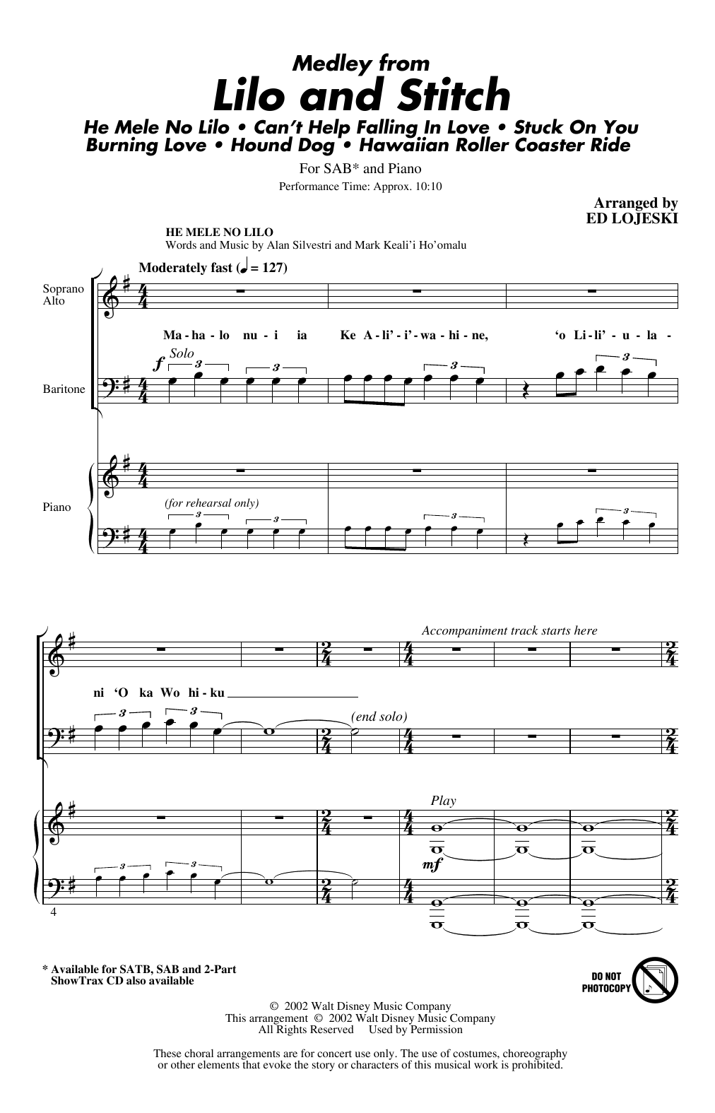 Ed Lojeski Lilo And Stitch (Medley) Sheet Music Notes & Chords for SAB Choir - Download or Print PDF
