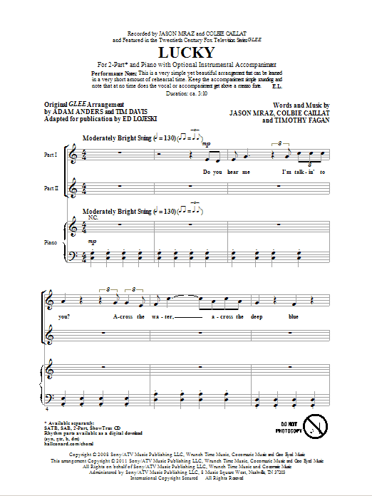 Jason Mraz Lucky (arr. Ed Lojeski) Sheet Music Notes & Chords for SAB - Download or Print PDF