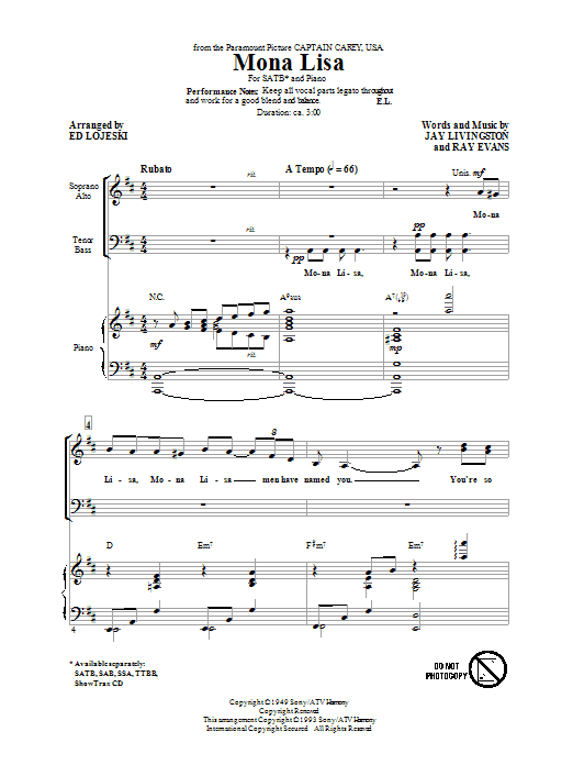 Nat King Cole Mona Lisa (arr. Ed Lojeski) Sheet Music Notes & Chords for SAB - Download or Print PDF