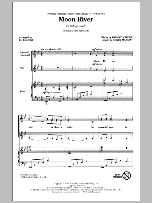 Ed Lojeski Moon River Sheet Music Notes & Chords for SSA - Download or Print PDF