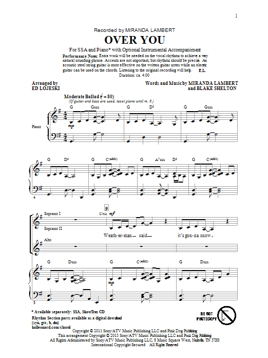 Miranda Lambert Over You (arr. Ed Lojeski) Sheet Music Notes & Chords for SSA - Download or Print PDF