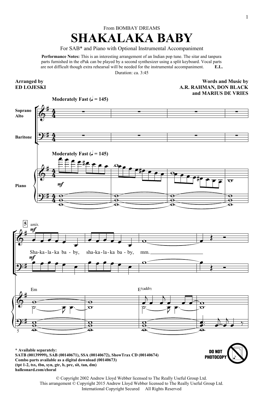 Ed Lojeski Shakalaka Baby (from Bombay Dreams) Sheet Music Notes & Chords for SAB - Download or Print PDF
