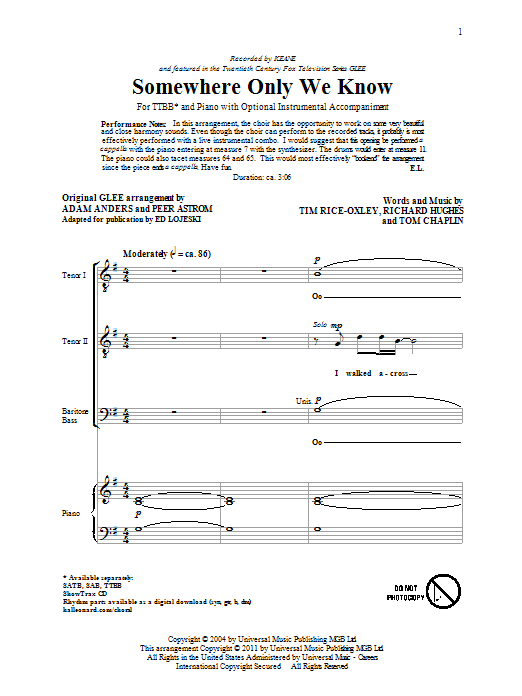 Keane Somewhere Only We Know (arr. Ed Lojeski) Sheet Music Notes & Chords for TTBB - Download or Print PDF