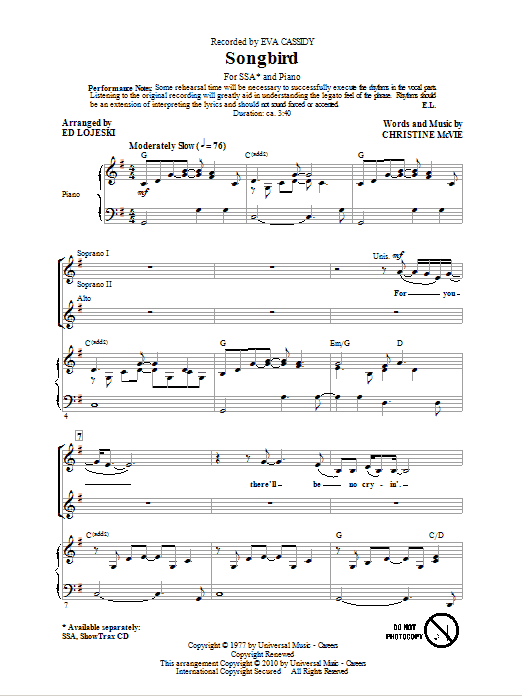Ed Lojeski Songbird Sheet Music Notes & Chords for SSA - Download or Print PDF