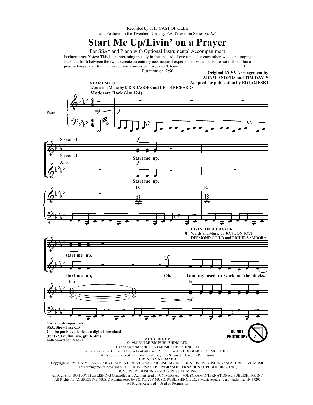 Ed Lojeski Start Me Up/Livin' On A Prayer Sheet Music Notes & Chords for SSA - Download or Print PDF