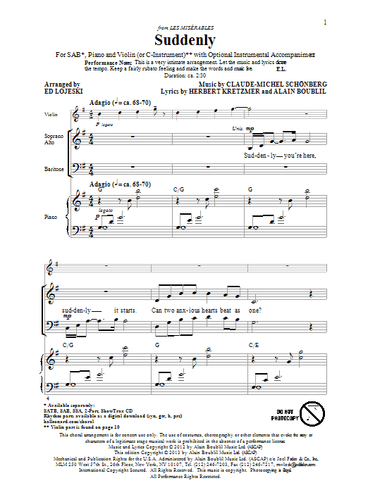 Ed Lojeski Suddenly (from Les Miserables The Movie) Sheet Music Notes & Chords for SATB - Download or Print PDF