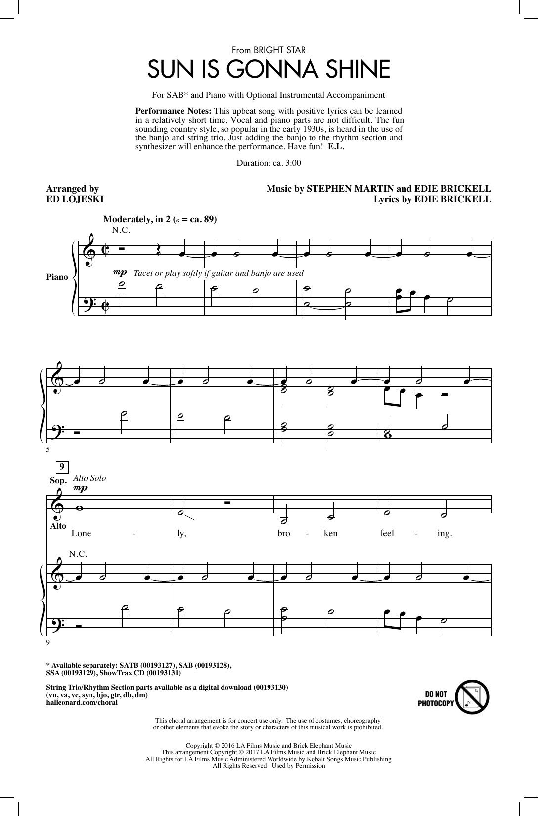 Ed Lojeski Sun Is Gonna Shine Sheet Music Notes & Chords for SSA - Download or Print PDF