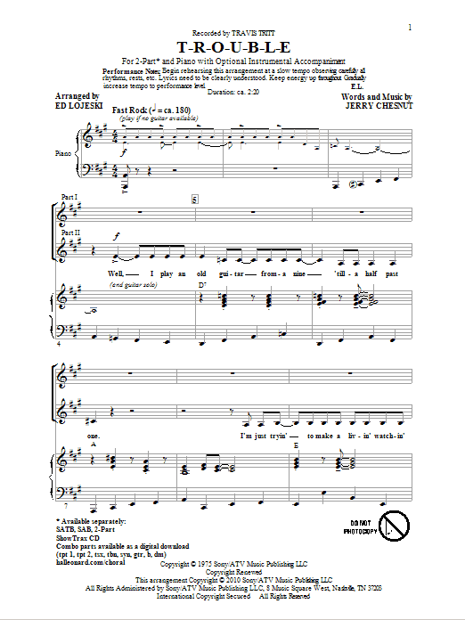 Elvis Presley T-R-O-U-B-L-E (arr. Ed Lojeski) Sheet Music Notes & Chords for 2-Part Choir - Download or Print PDF