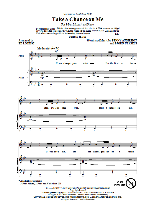 ABBA Take A Chance On Me (arr. Ed Lojeski) Sheet Music Notes & Chords for 3-Part Mixed - Download or Print PDF
