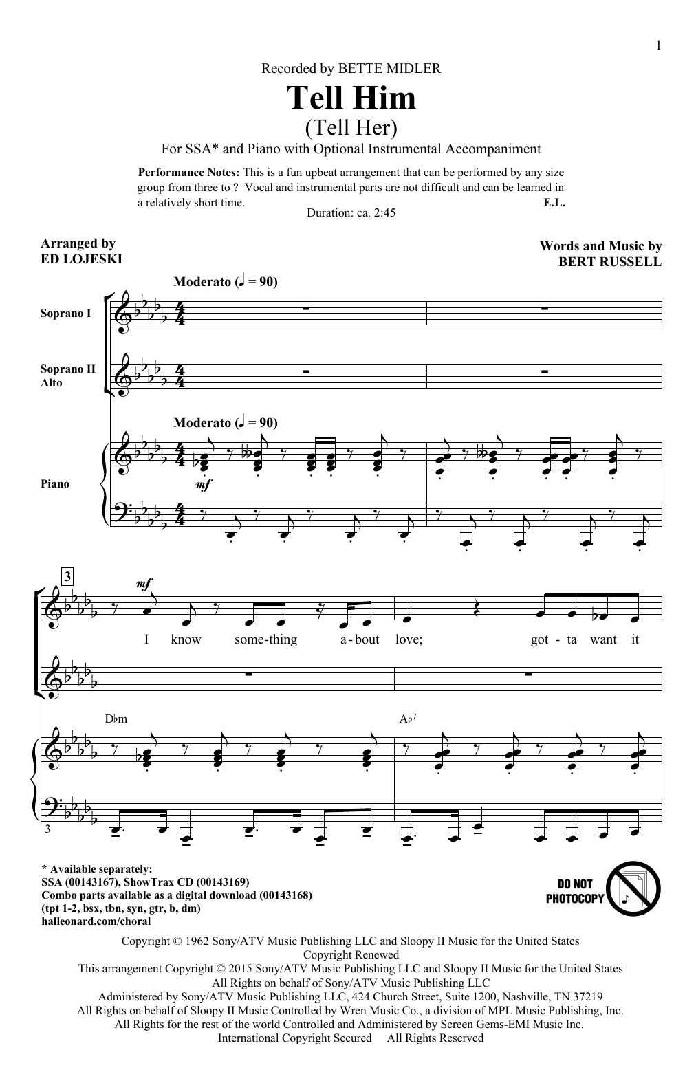 Ed Lojeski Tell Him (Tell Her) Sheet Music Notes & Chords for SSA - Download or Print PDF