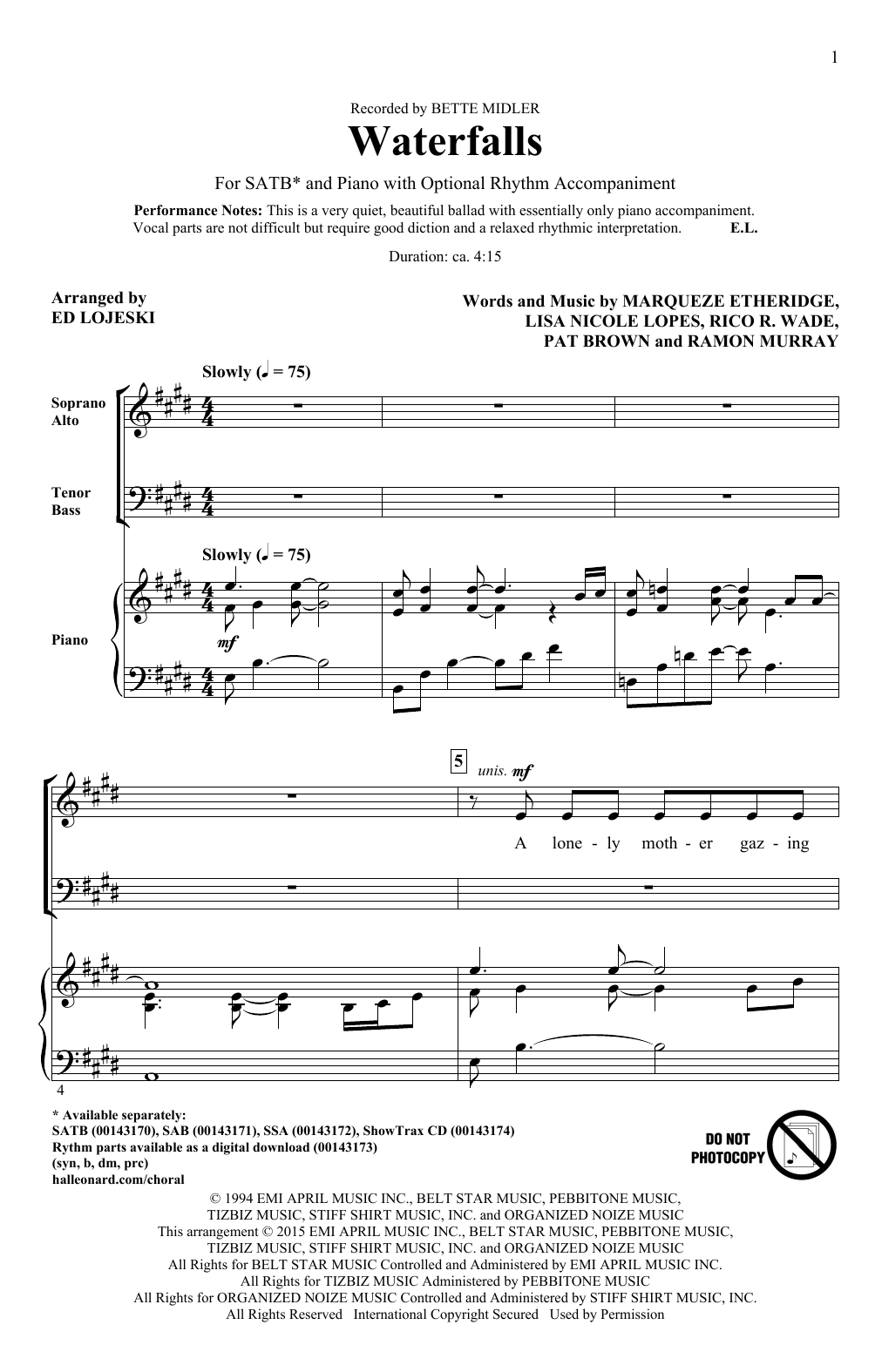 Ed Lojeski Waterfalls Sheet Music Notes & Chords for SATB - Download or Print PDF