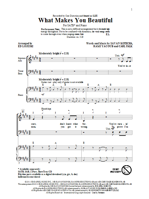 One Direction What Makes You Beautiful (arr. Ed Lojeski) Sheet Music Notes & Chords for SATB - Download or Print PDF