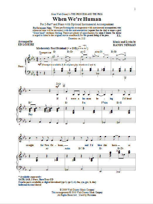 Randy Newman When We're Human (from The Princess And The Frog) (arr. Ed Lojeski) Sheet Music Notes & Chords for 2-Part Choir - Download or Print PDF