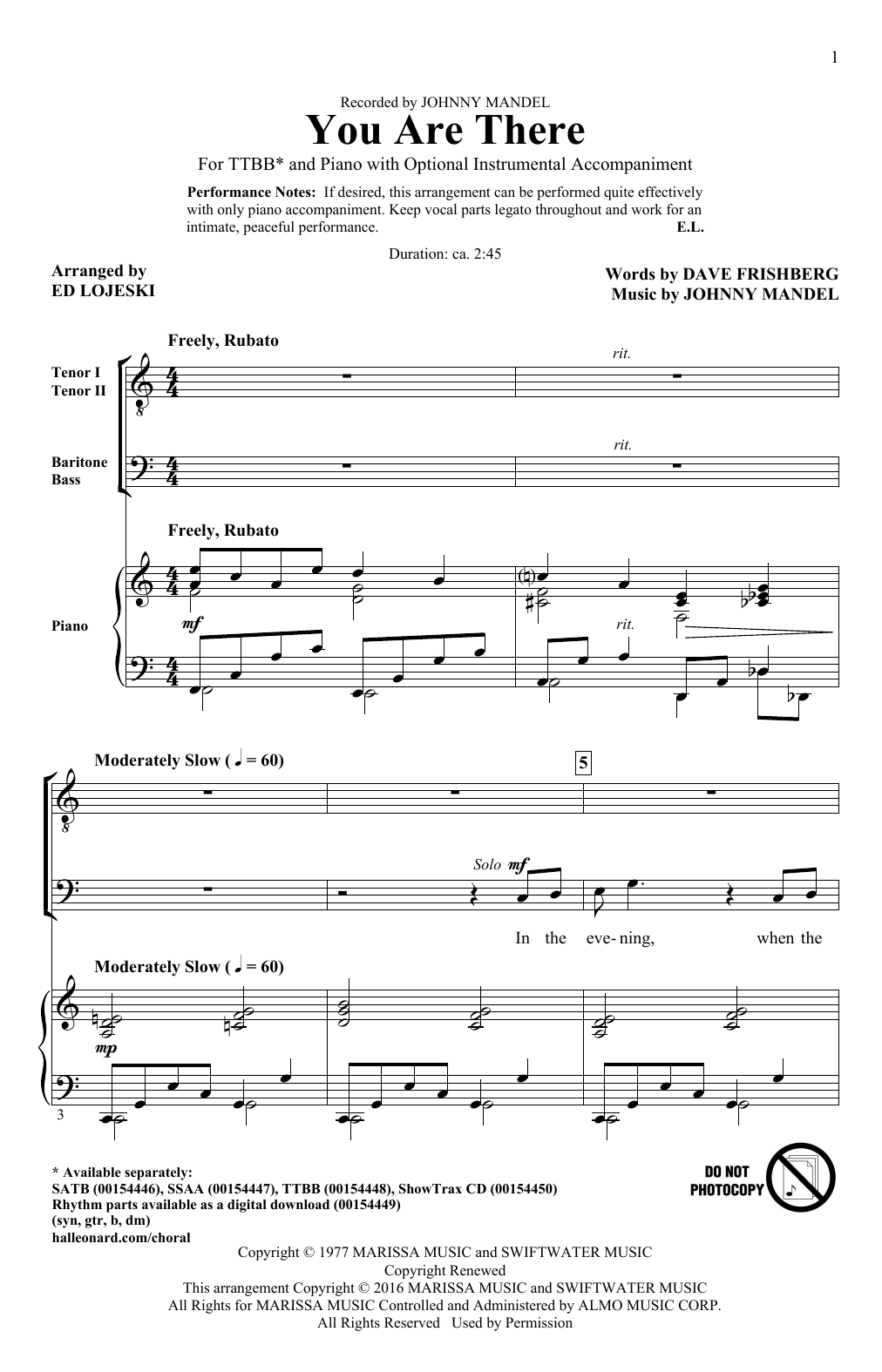 Ed Lojeski You Are There Sheet Music Notes & Chords for TTBB - Download or Print PDF