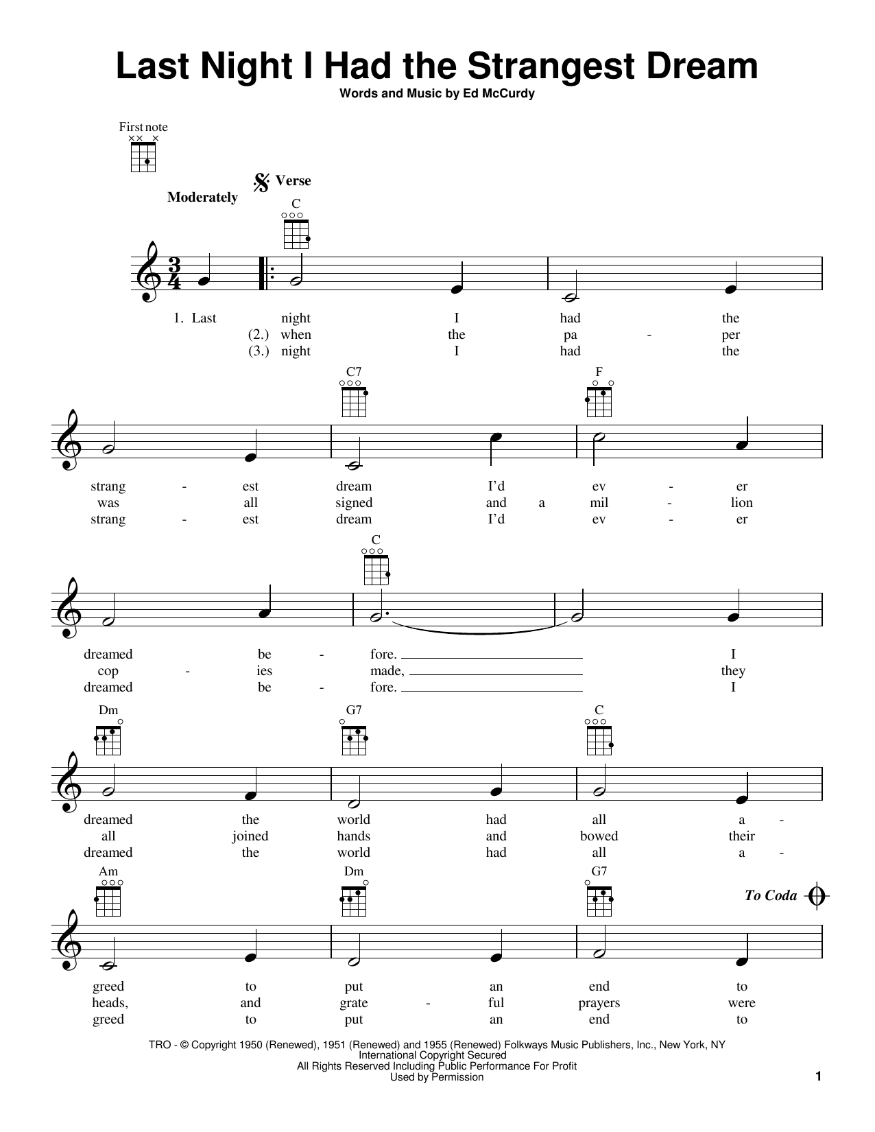Ed McCurdy Last Night I Had The Strangest Dream Sheet Music Notes & Chords for Ukulele - Download or Print PDF