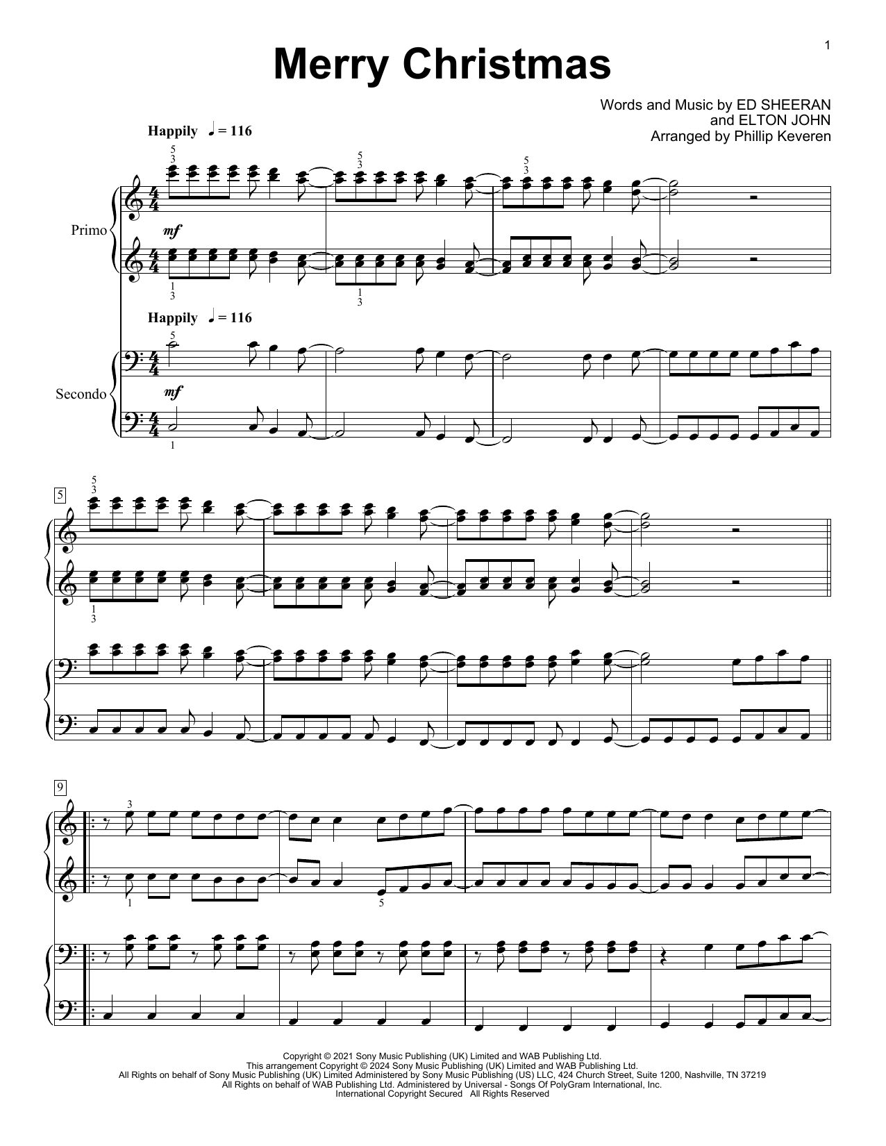 Ed Sheeran & Elton John Merry Christmas (arr. Phillip Keveren) Sheet Music Notes & Chords for Piano Duet - Download or Print PDF