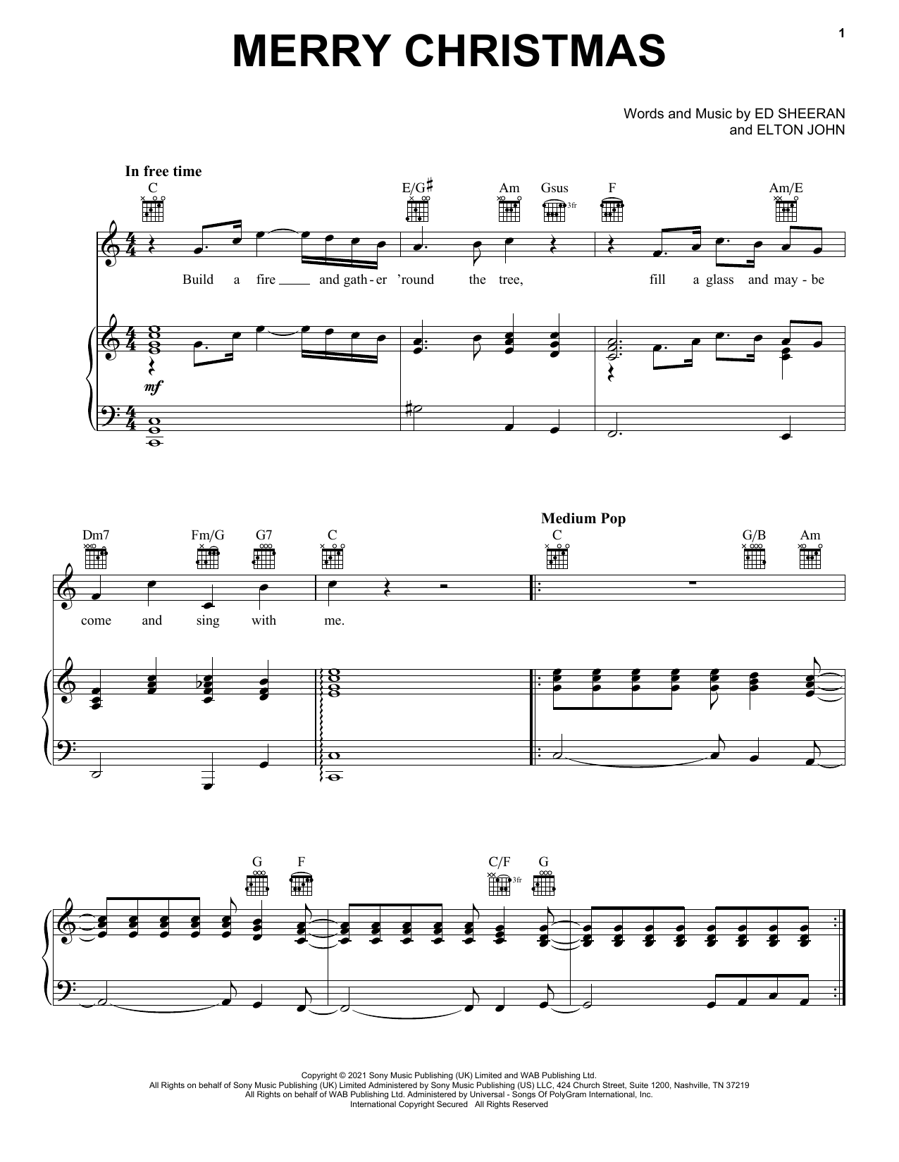 Ed Sheeran & Elton John Merry Christmas Sheet Music Notes & Chords for Piano, Vocal & Guitar Chords (Right-Hand Melody) - Download or Print PDF