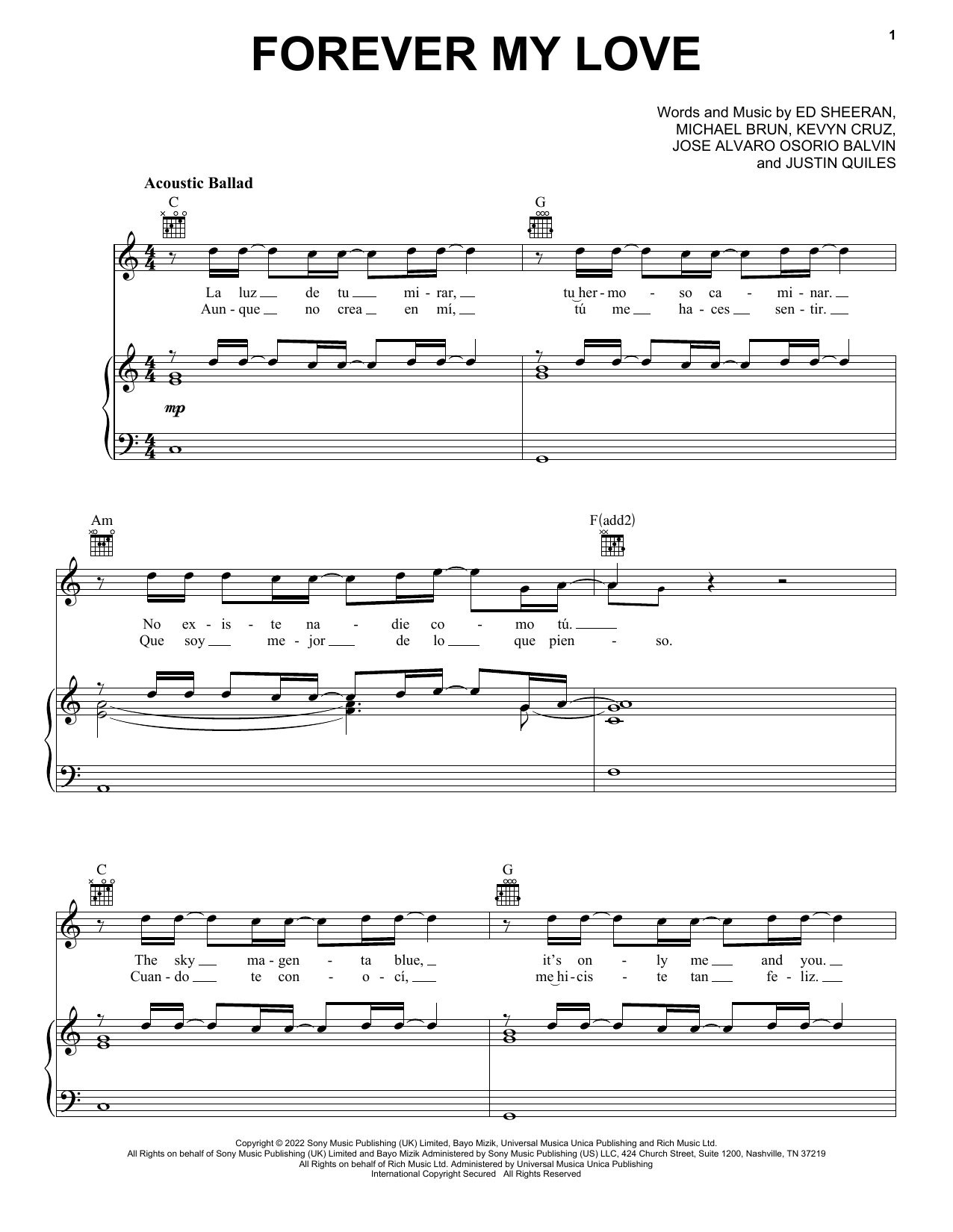 Ed Sheeran & J Balvin Forever My Love Sheet Music Notes & Chords for Piano, Vocal & Guitar Chords (Right-Hand Melody) - Download or Print PDF