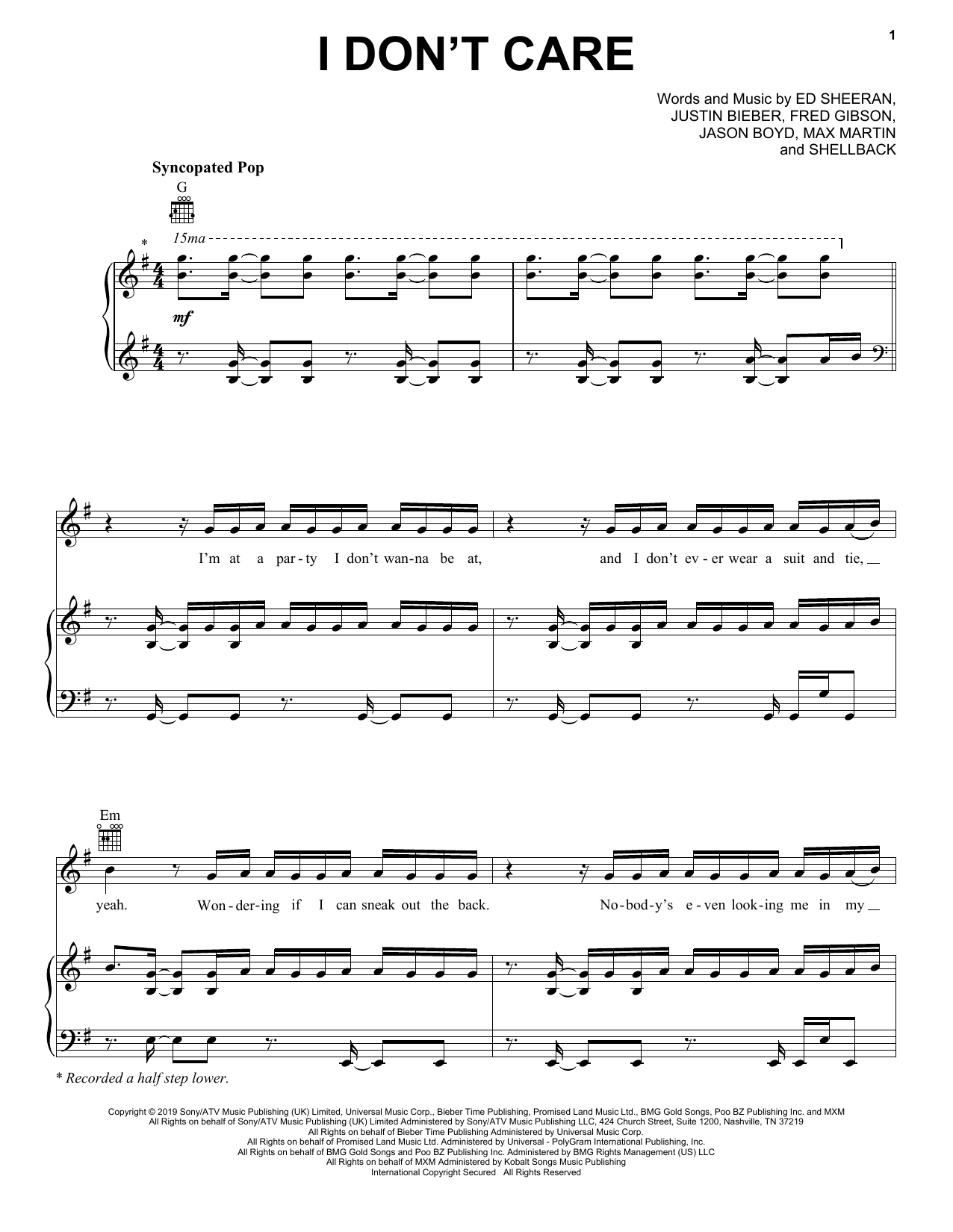 Ed Sheeran & Justin Bieber I Don't Care Sheet Music Notes & Chords for Big Note Piano - Download or Print PDF