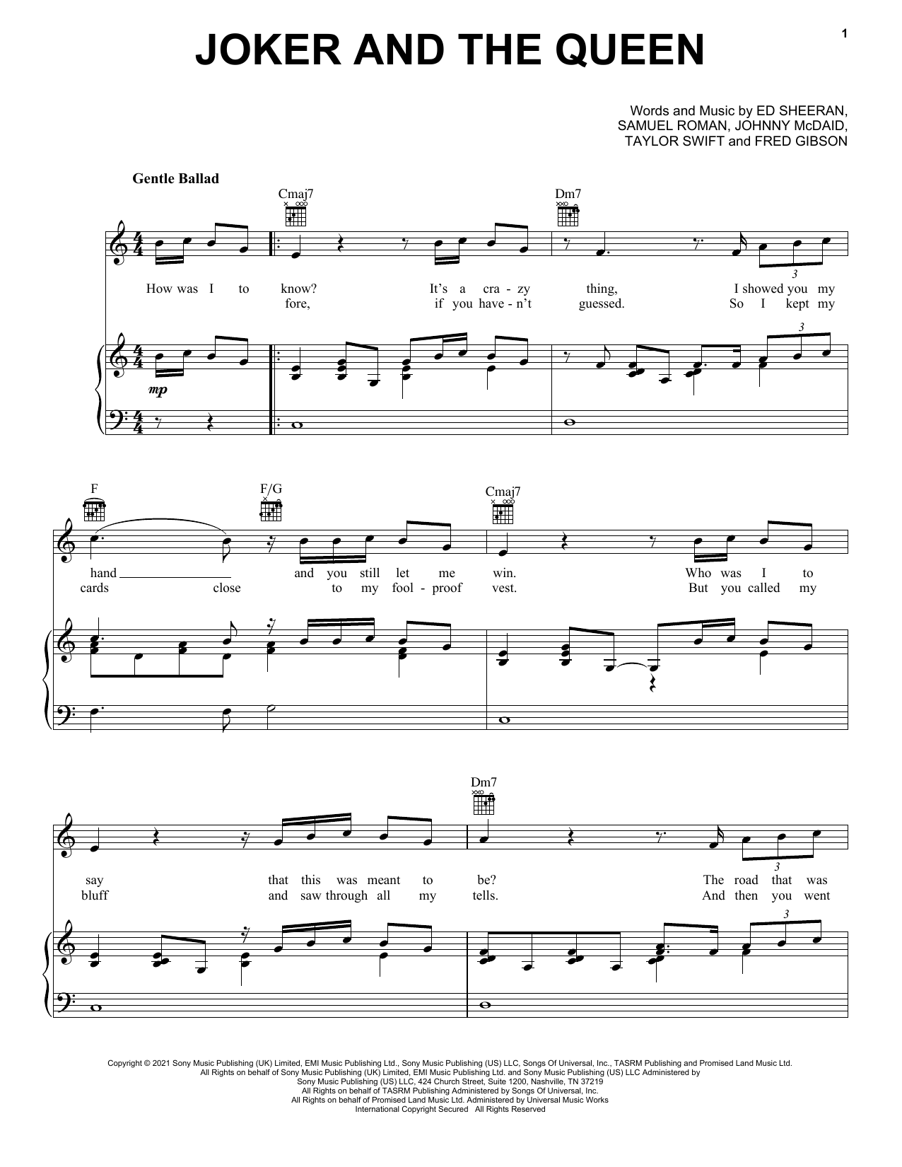 Ed Sheeran & Taylor Swift The Joker And The Queen Sheet Music Notes & Chords for Piano, Vocal & Guitar Chords (Right-Hand Melody) - Download or Print PDF