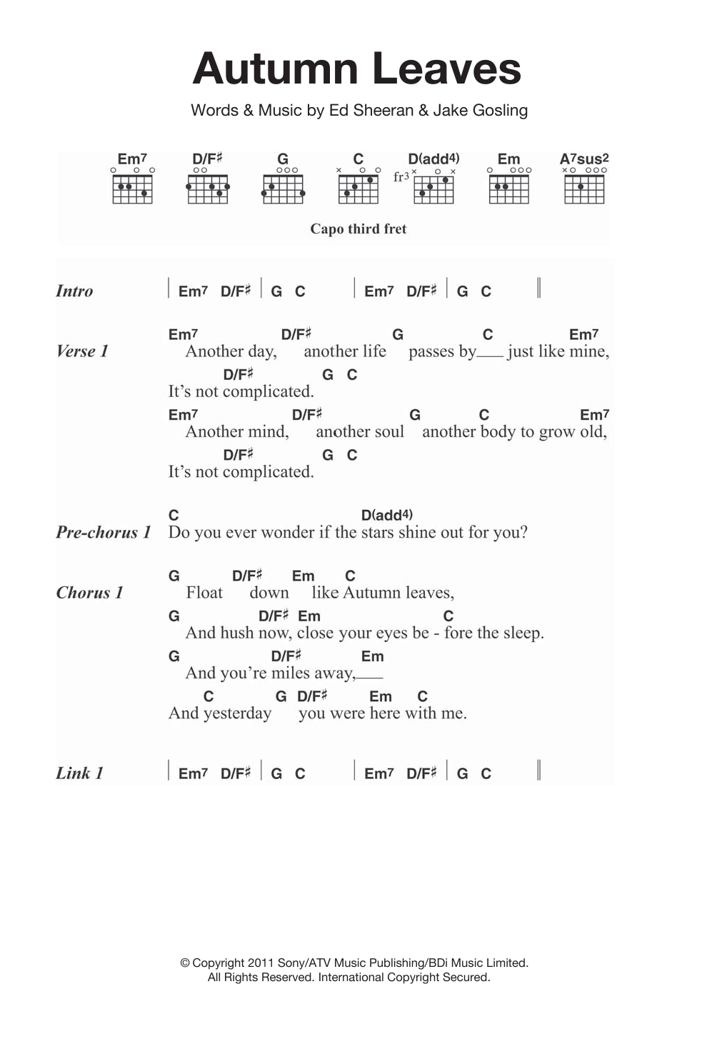 Ed Sheeran Autumn Leaves Sheet Music Notes & Chords for Lyrics & Chords - Download or Print PDF