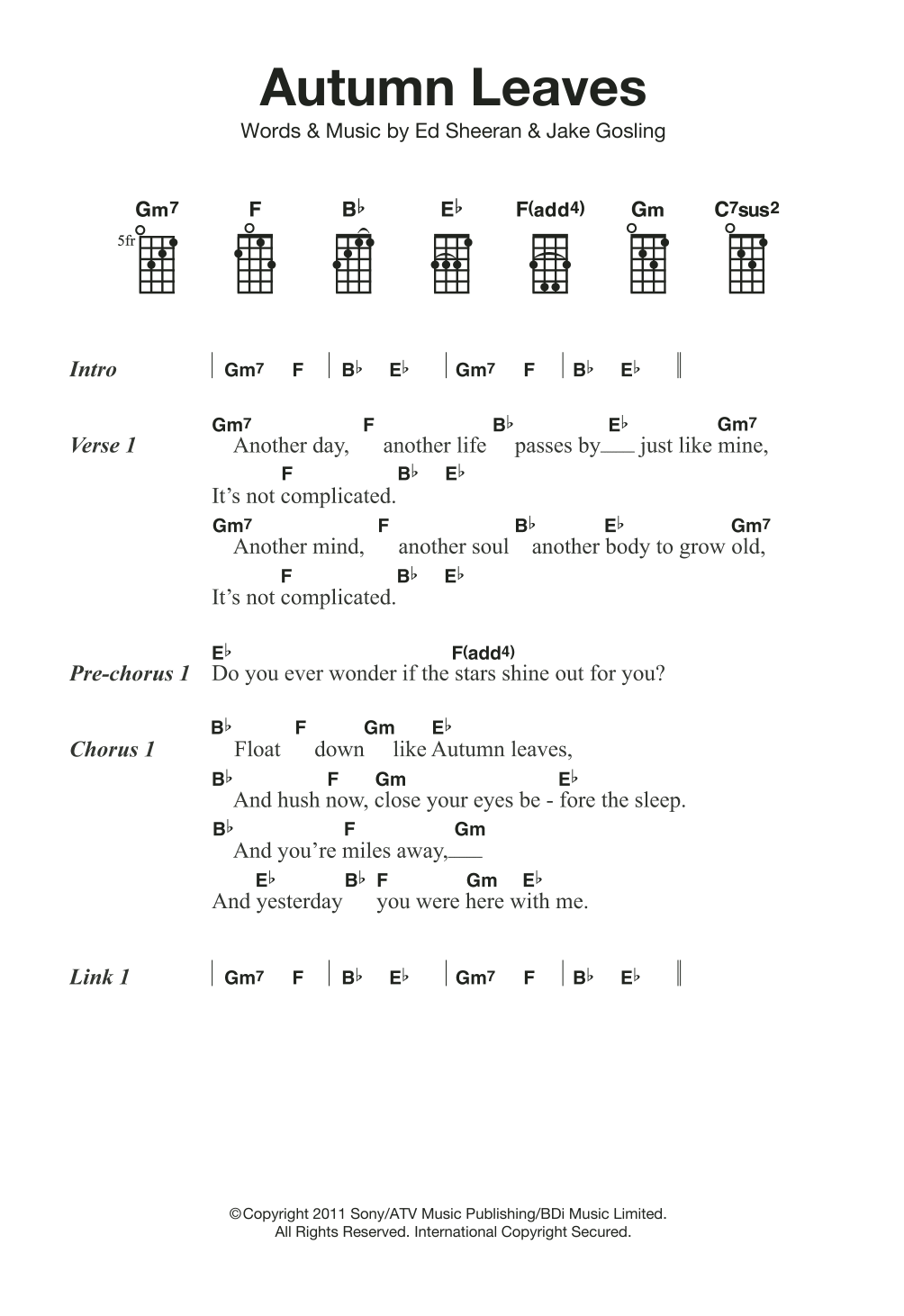 Ed Sheeran Autumn Leaves Sheet Music Notes & Chords for Ukulele - Download or Print PDF