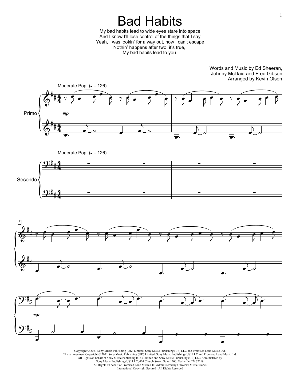 Ed Sheeran Bad Habits (arr. Kevin Olson) Sheet Music Notes & Chords for Piano Duet - Download or Print PDF