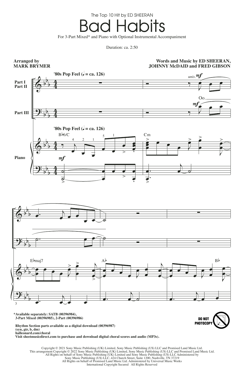 Ed Sheeran Bad Habits (arr. Mark Brymer) Sheet Music Notes & Chords for 3-Part Mixed Choir - Download or Print PDF