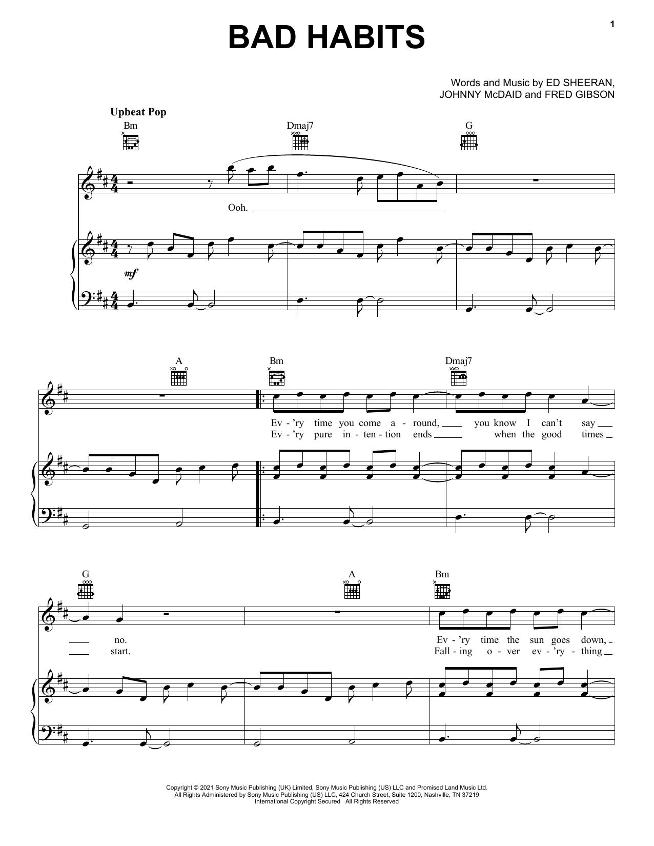 Ed Sheeran Bad Habits Sheet Music Notes & Chords for Piano, Vocal & Guitar (Right-Hand Melody) - Download or Print PDF