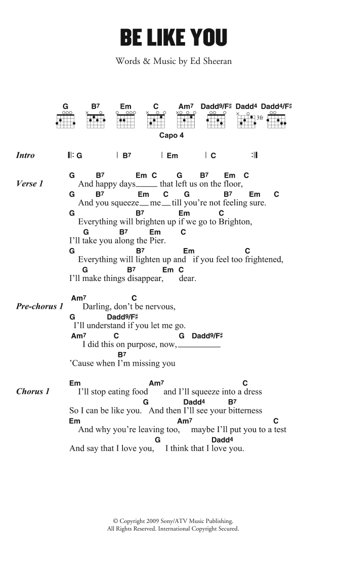 Ed Sheeran Be Like You Sheet Music Notes & Chords for Lyrics & Chords - Download or Print PDF