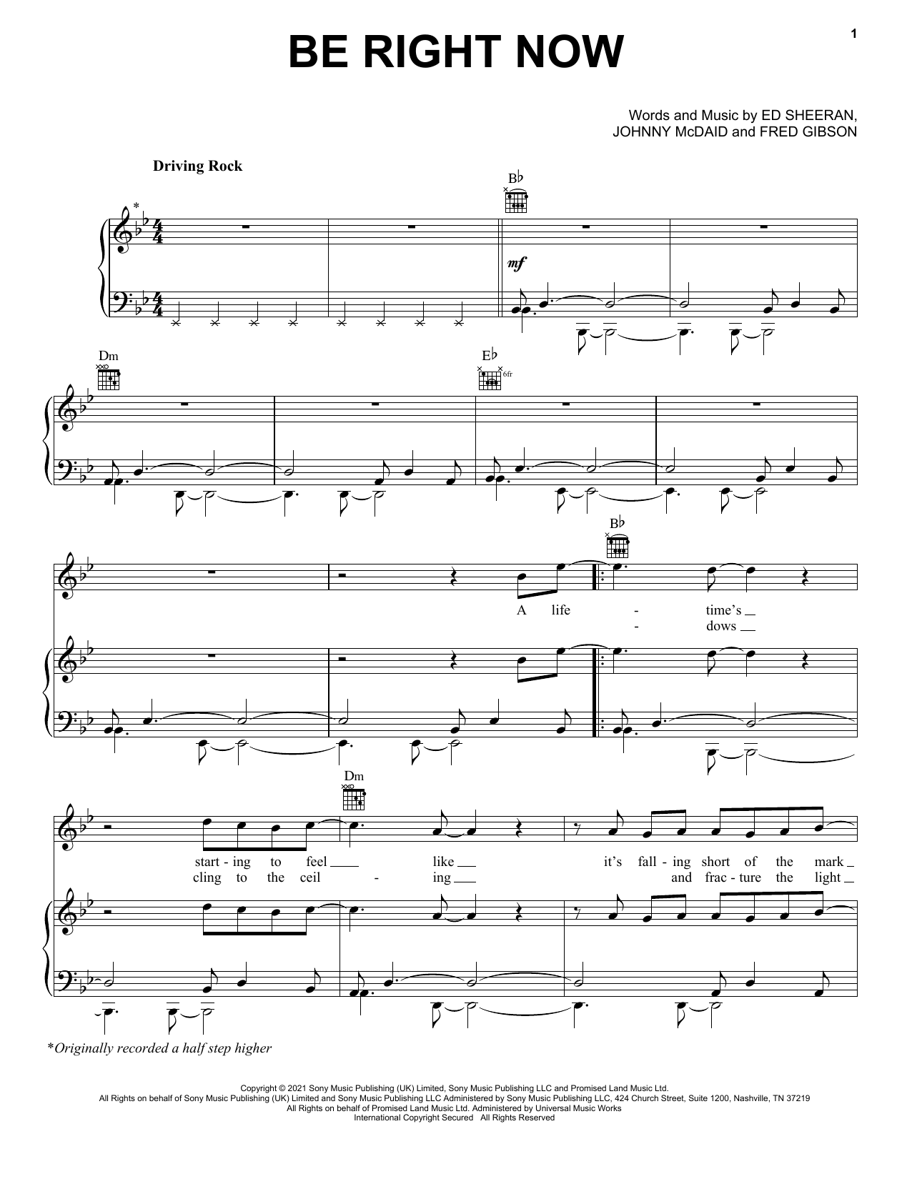 Ed Sheeran Be Right Now Sheet Music Notes & Chords for Piano, Vocal & Guitar (Right-Hand Melody) - Download or Print PDF