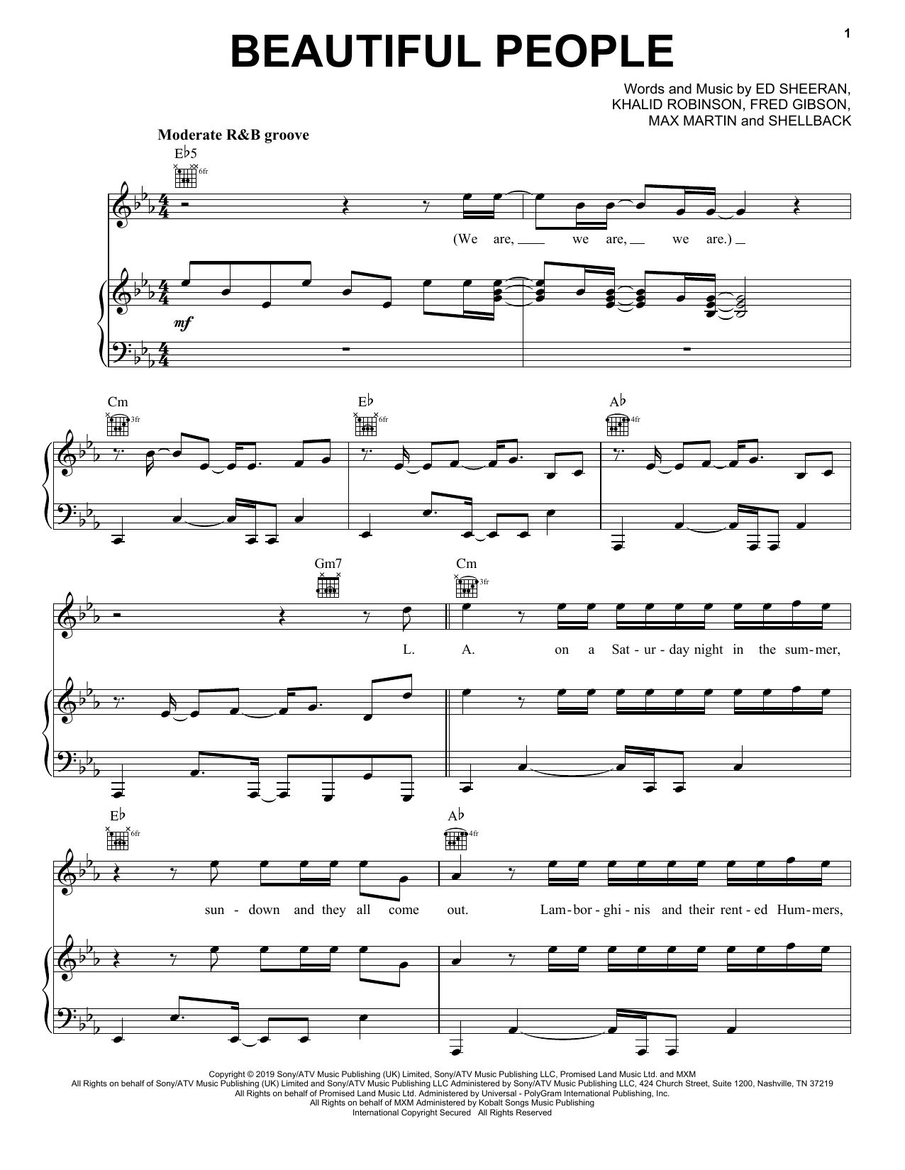 Ed Sheeran Beautiful People (feat. Khalid) Sheet Music Notes & Chords for Piano, Vocal & Guitar (Right-Hand Melody) - Download or Print PDF