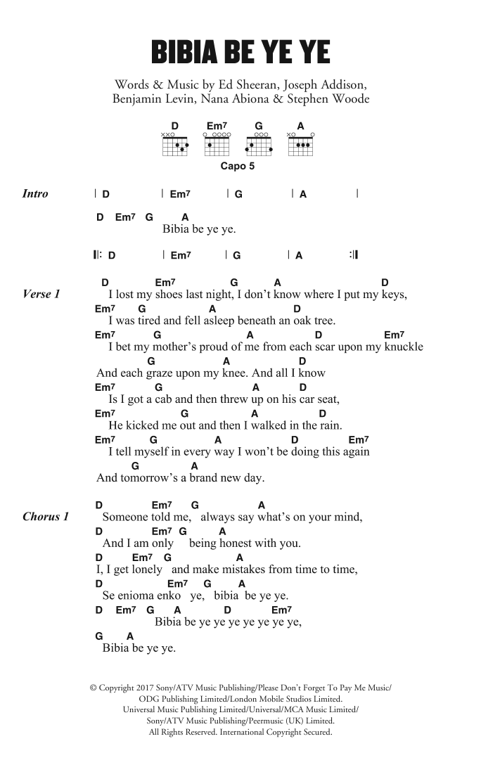 Ed Sheeran Bibia Be Ye Ye Sheet Music Notes & Chords for Piano, Vocal & Guitar (Right-Hand Melody) - Download or Print PDF