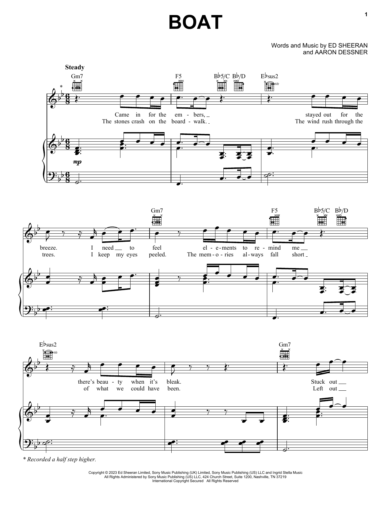 Ed Sheeran Boat Sheet Music Notes & Chords for Piano, Vocal & Guitar Chords (Right-Hand Melody) - Download or Print PDF