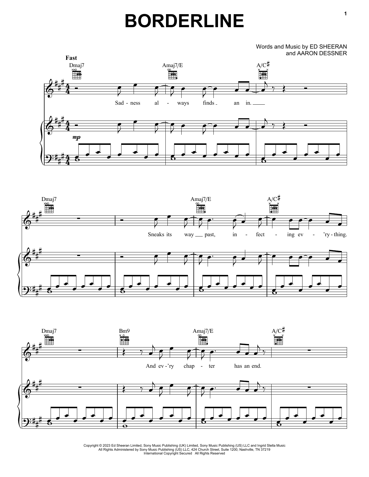 Ed Sheeran Borderline Sheet Music Notes & Chords for Piano, Vocal & Guitar Chords (Right-Hand Melody) - Download or Print PDF