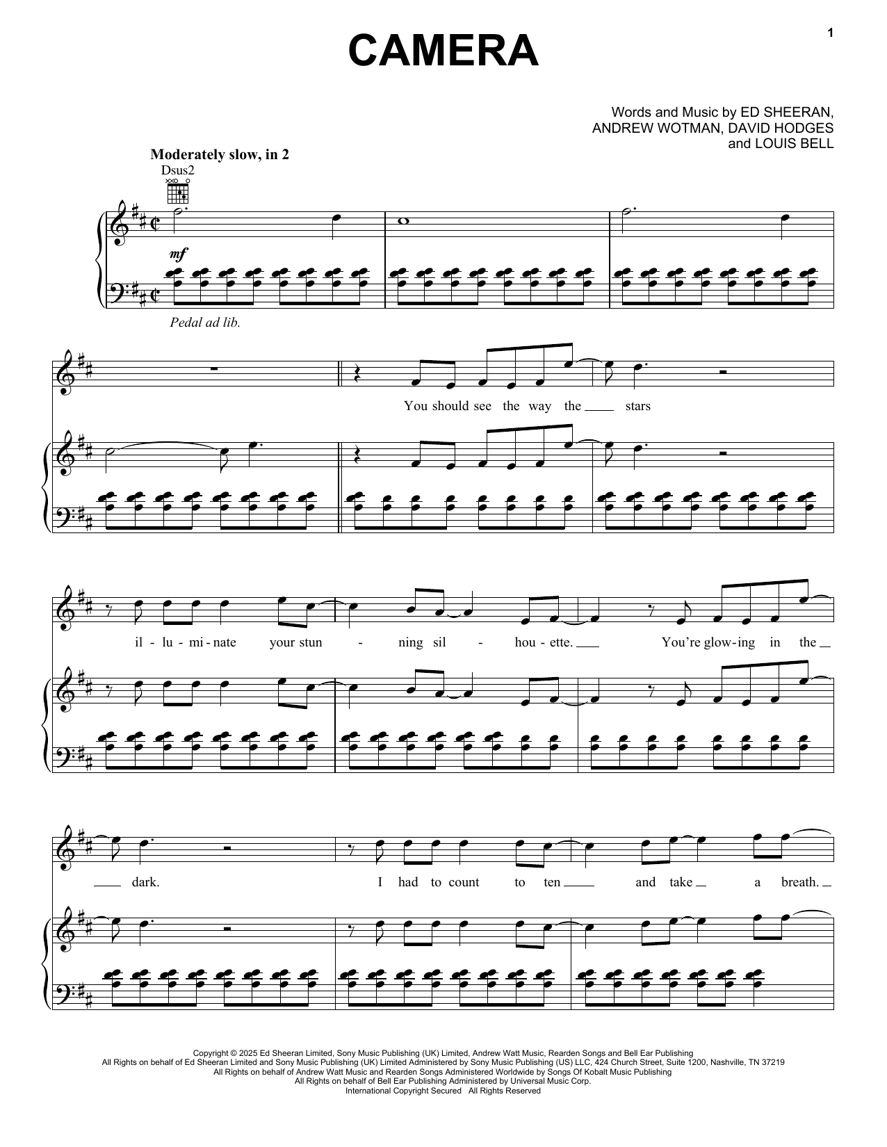 Ed Sheeran Camera Sheet Music Notes & Chords for Piano, Vocal & Guitar Chords (Right-Hand Melody) - Download or Print PDF