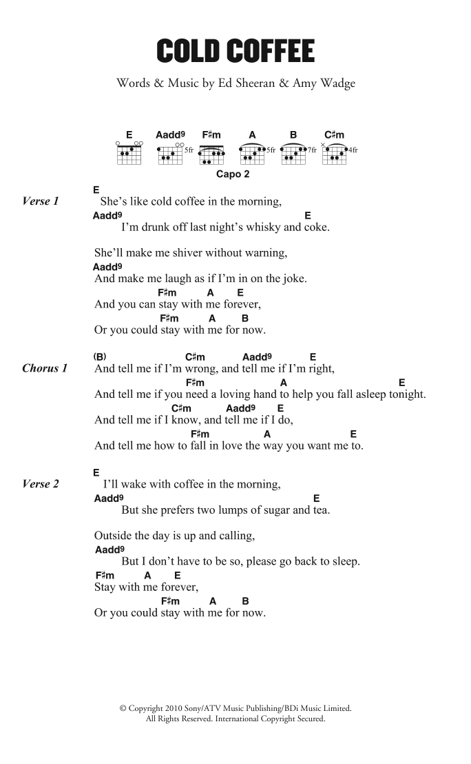 Ed Sheeran Cold Coffee Sheet Music Notes & Chords for Lyrics & Chords - Download or Print PDF