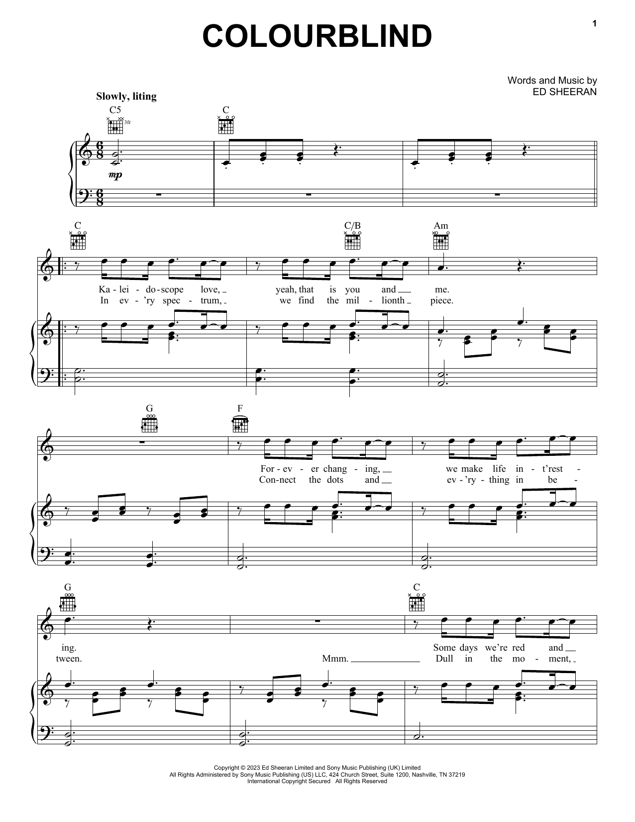 Ed Sheeran Colourblind Sheet Music Notes & Chords for Piano, Vocal & Guitar Chords (Right-Hand Melody) - Download or Print PDF