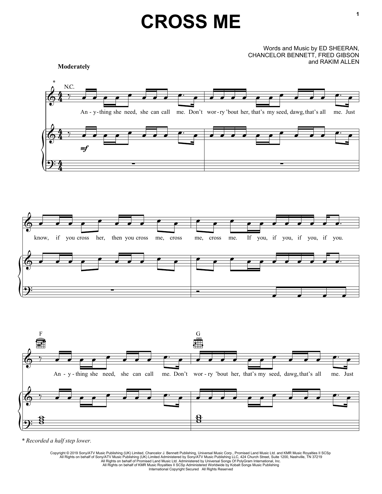 Ed Sheeran Cross Me (feat. Chance the Rapper & PnB Rock) Sheet Music Notes & Chords for Piano, Vocal & Guitar (Right-Hand Melody) - Download or Print PDF