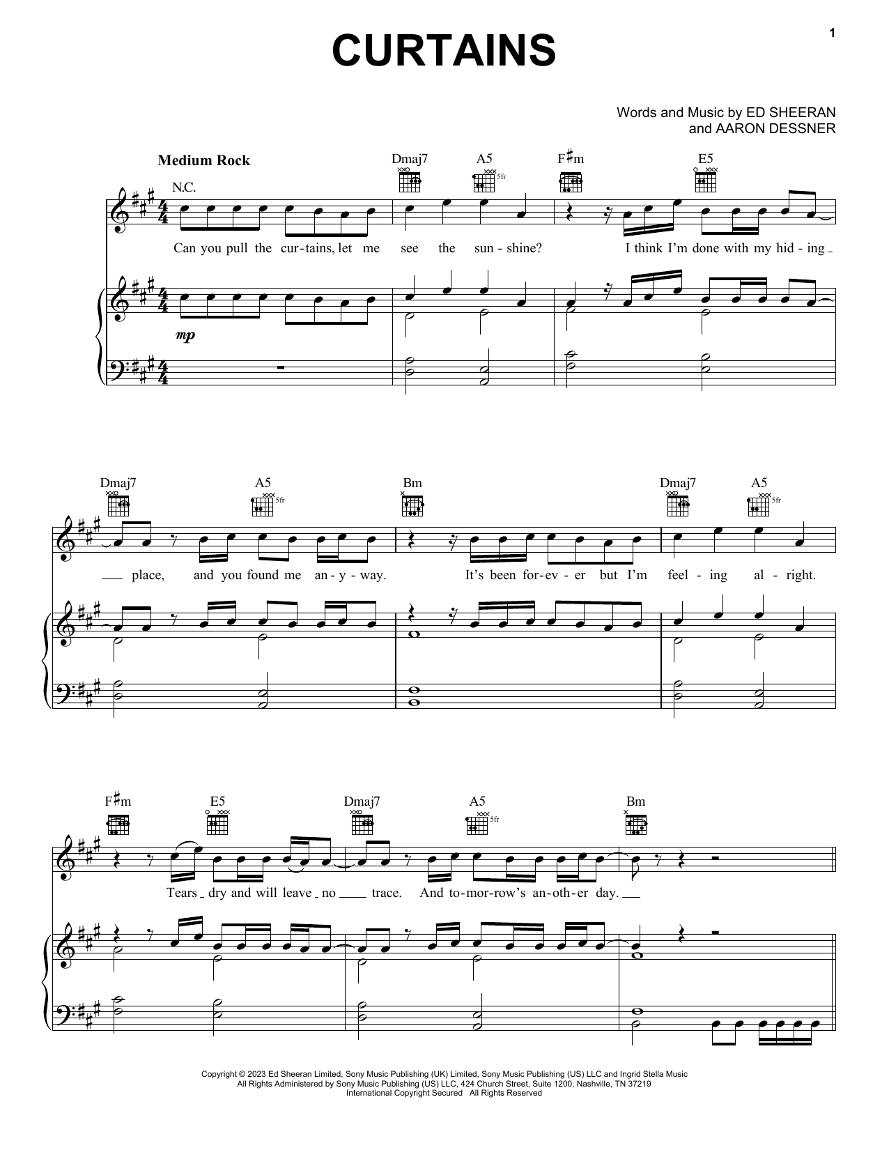 Ed Sheeran Curtains Sheet Music Notes & Chords for Piano, Vocal & Guitar Chords (Right-Hand Melody) - Download or Print PDF
