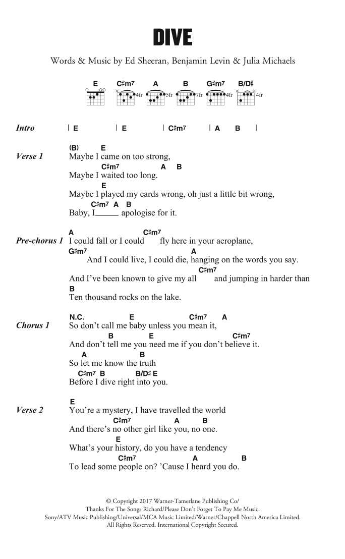 Ed Sheeran Dive Sheet Music Notes & Chords for Lyrics & Chords - Download or Print PDF
