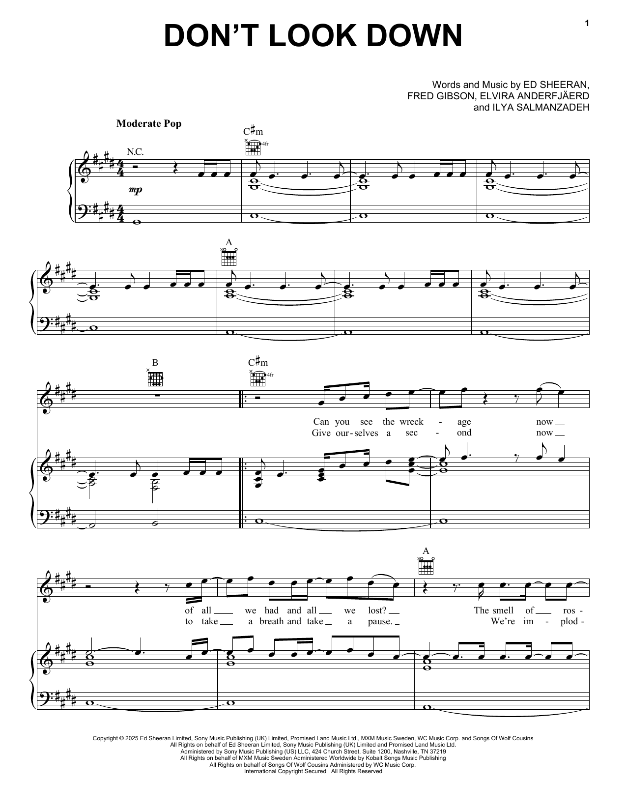Ed Sheeran Don't Look Down Sheet Music Notes & Chords for Piano, Vocal & Guitar Chords (Right-Hand Melody) - Download or Print PDF
